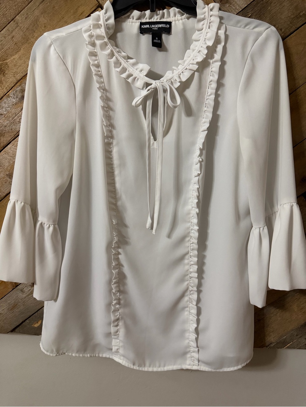 Karl Lagerfeld White Ruffle Tie-Neck Blouse